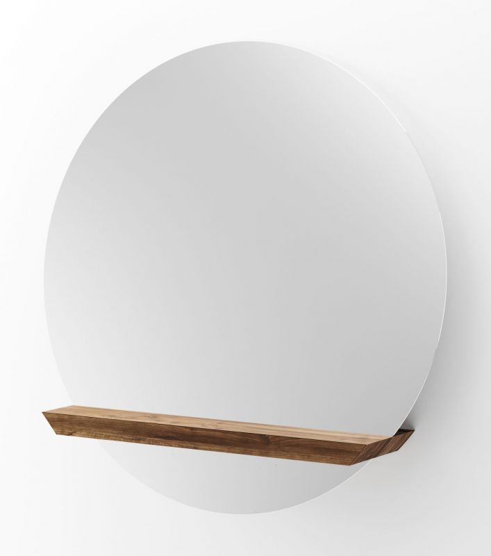 Runder Spiegel mit Ablage aus Walnussholz, modernes Design für Badezimmer und Wohnraum.